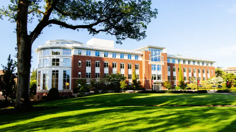 Valley Library and library lawn with shadows casted by trees