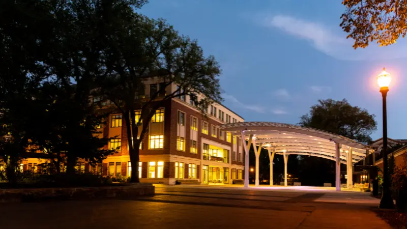 Student Experience Center & Plaza in the evening