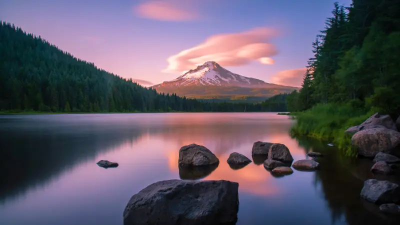View of Mount Hood from Trillium Lake during sunset