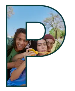 Letter P shaped frame with three happy college students spending time together outside