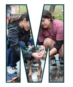 Letter M shaped frame with two students petting a dog during an on-campus therapy dog event