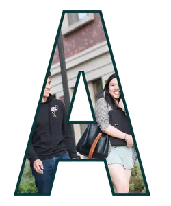 Letter A shaped frame with two college students walking together on campus