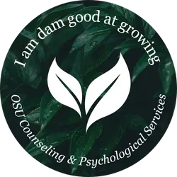 Round Dam Good Growth badge with green raindrop covered leaves in the background and text reading "I am dam good at growing" at top and "OSU Counseling & Psychological Services" at the bottom