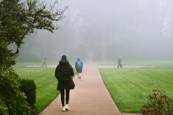 Students walking on campus on a foggy winter day